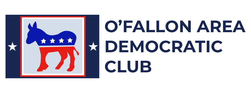 Red and white donkey with stars and text "O'Fallon Area Democratic Club"